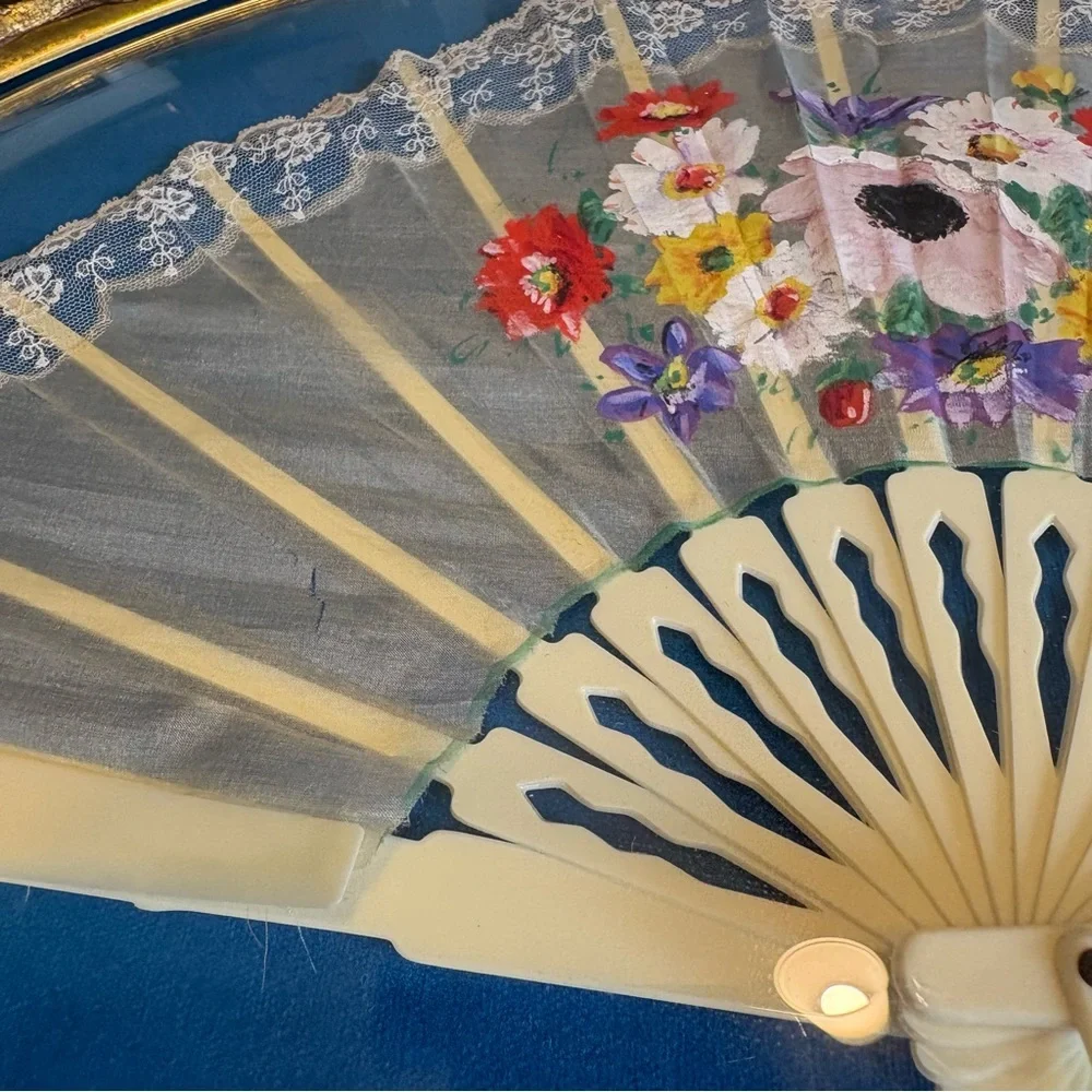 Ornate Victorian Hand Painted Fan In Frame Bubble French Shadow Box Brass Wall